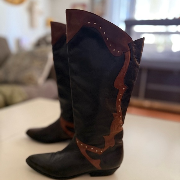 THUNDER Vintage 80s Patchwork Leather Black Brown Boots Western Cowgirl Studded - Picture 2 of 4